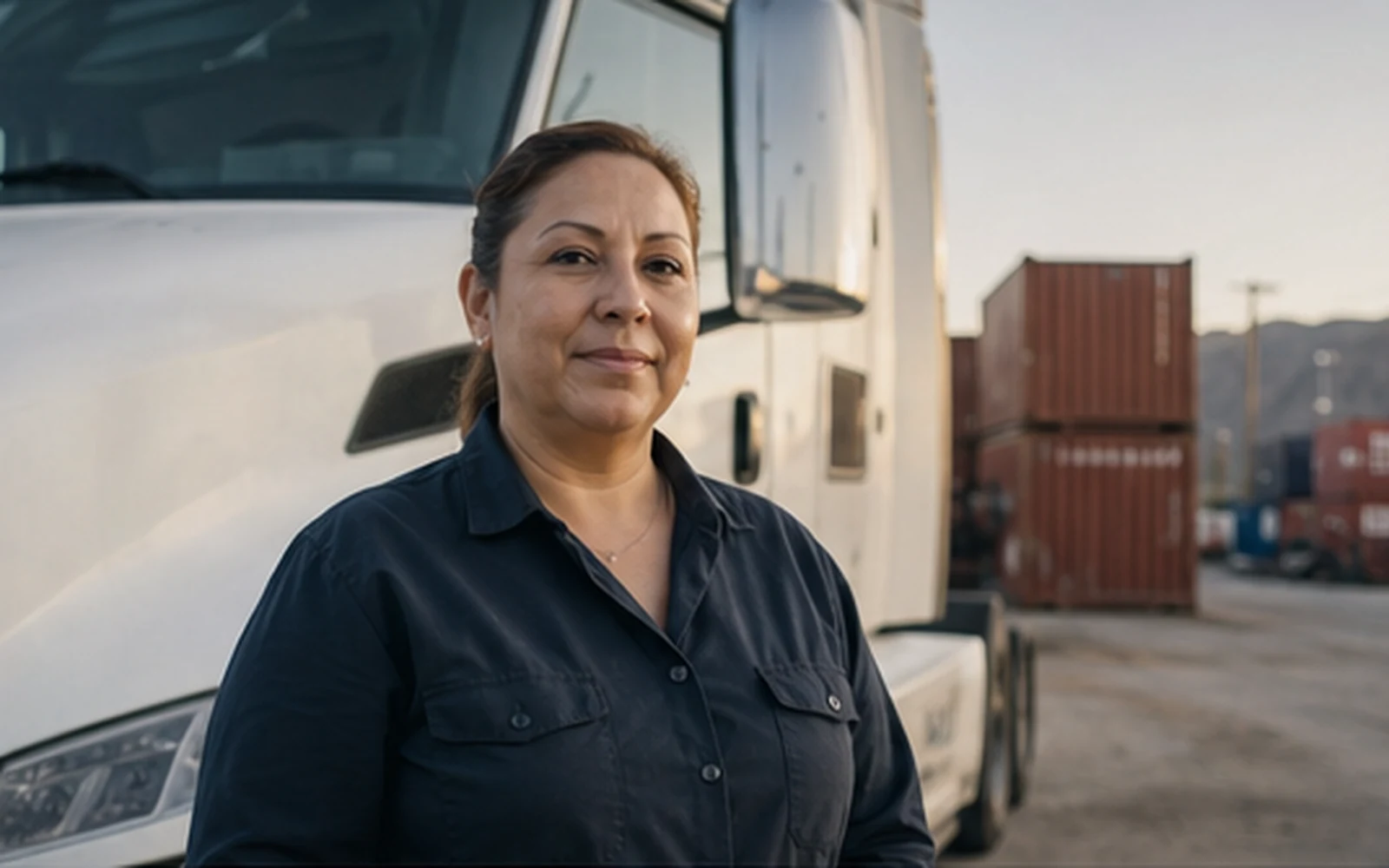 Illustrative portrait of a small-business owner beside a freight truck.