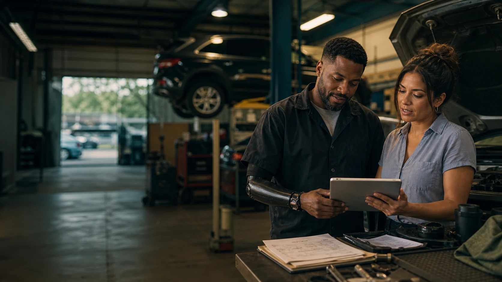 Auto repair shop owner reviewing a repair estimate with a service advisor.