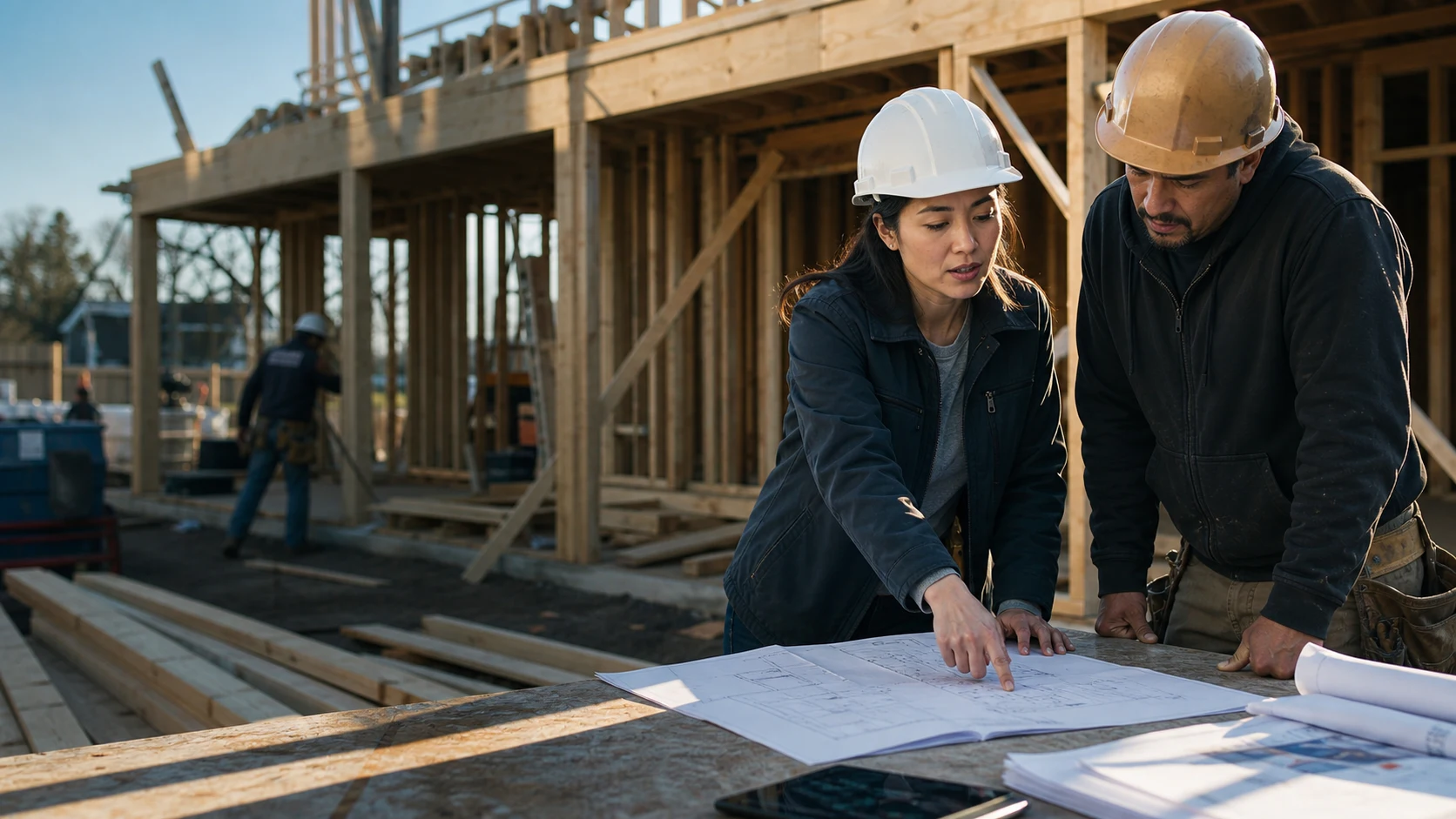 Construction contractor reviewing jobsite plans with a foreman.