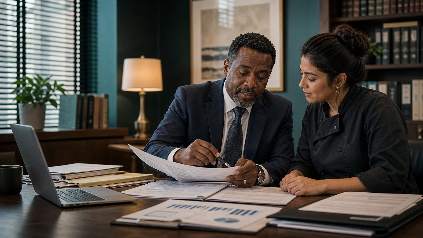 Business owner and advisor reviewing MCA contract terms at a conference table.