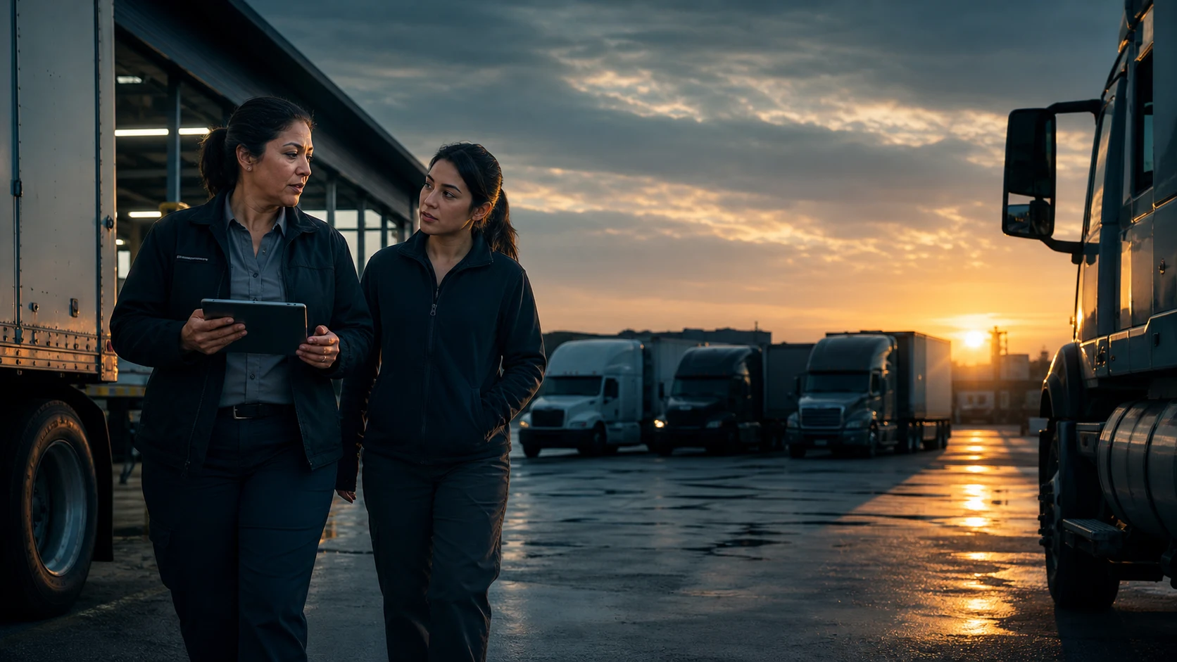 Logistics business owner walking a trucking yard with a dispatcher at sunrise.