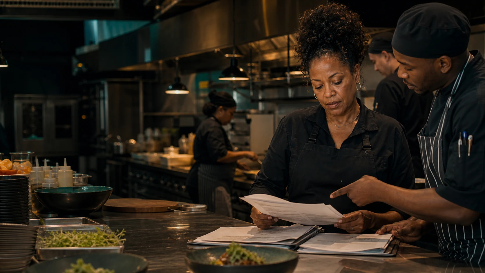 Restaurant owner reviewing operating costs with her kitchen team before service.