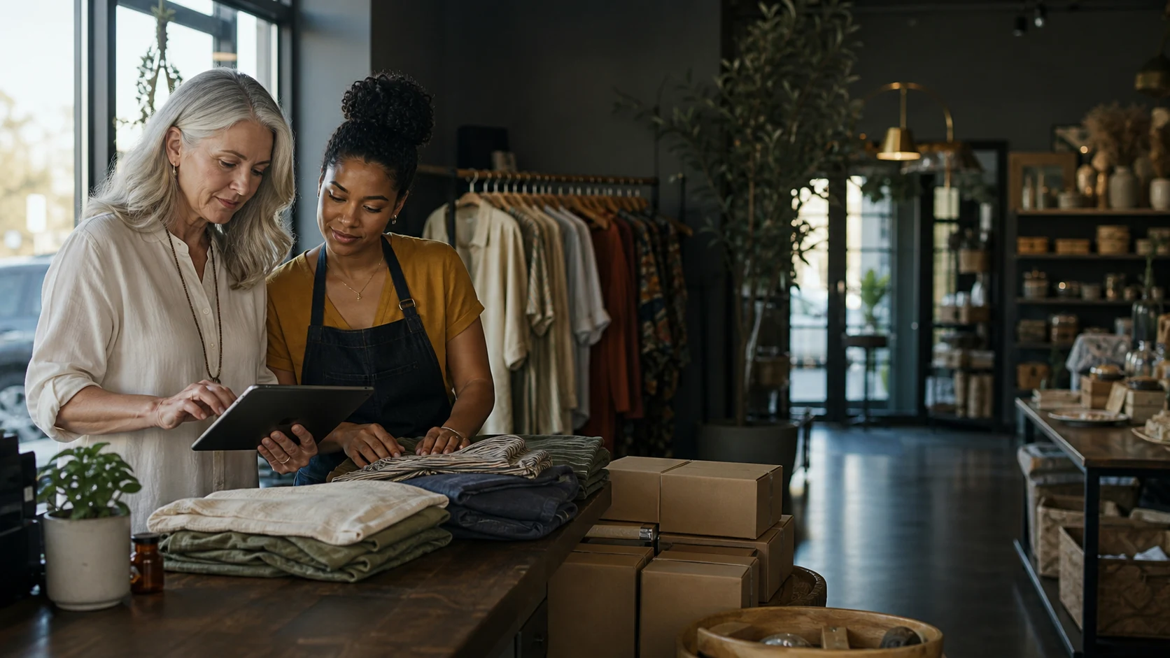 Retail business owner and employee checking inventory together before opening.