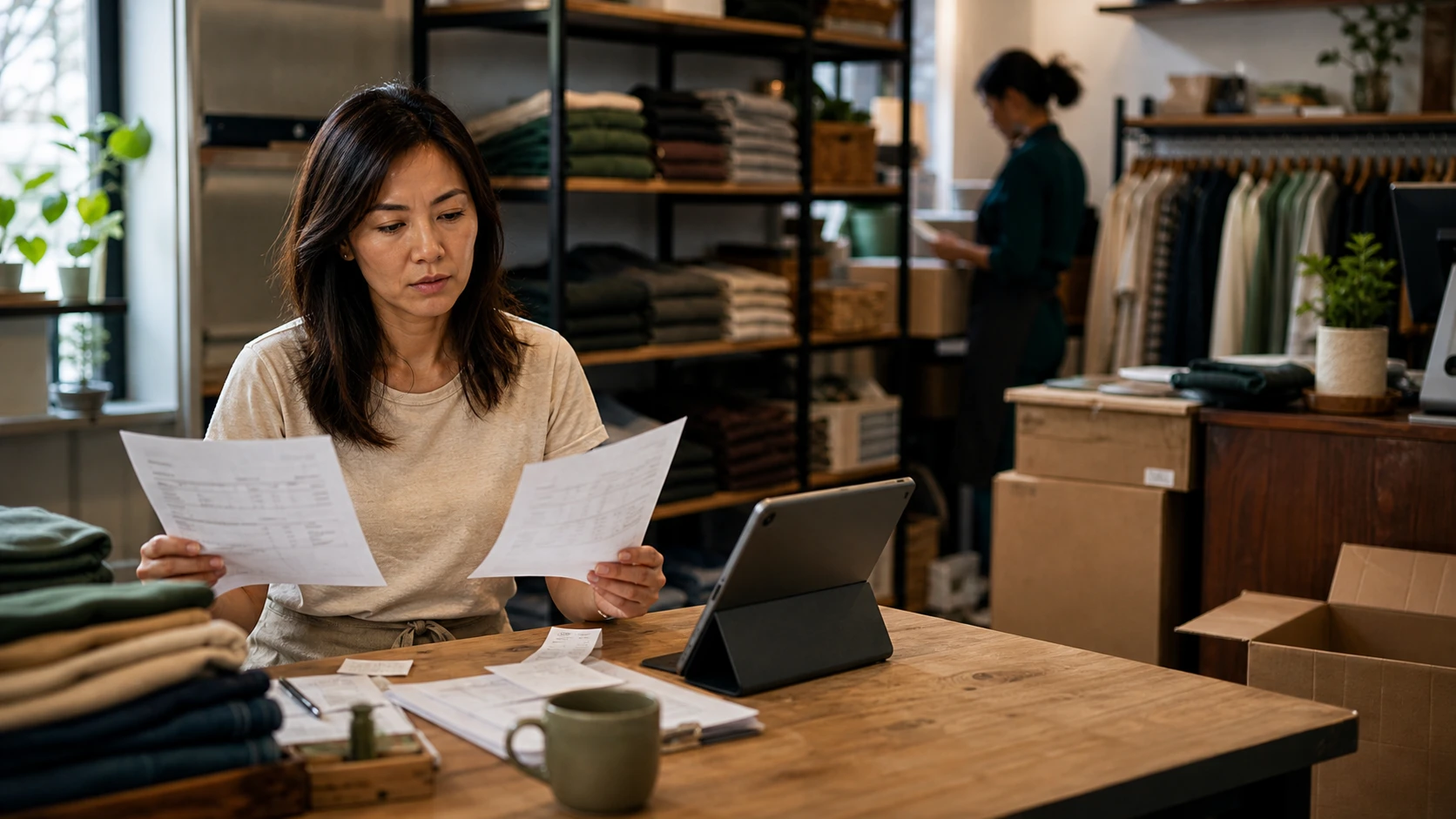 Small business owner reviewing stacked advance obligations and operating costs.